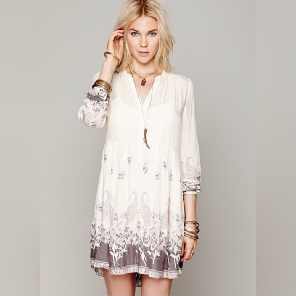 FREE PEOPLE SIERRA VALLEY V NECK LONG SLEEVE IVORY COLOR TUNIC DRESS SIZE XS